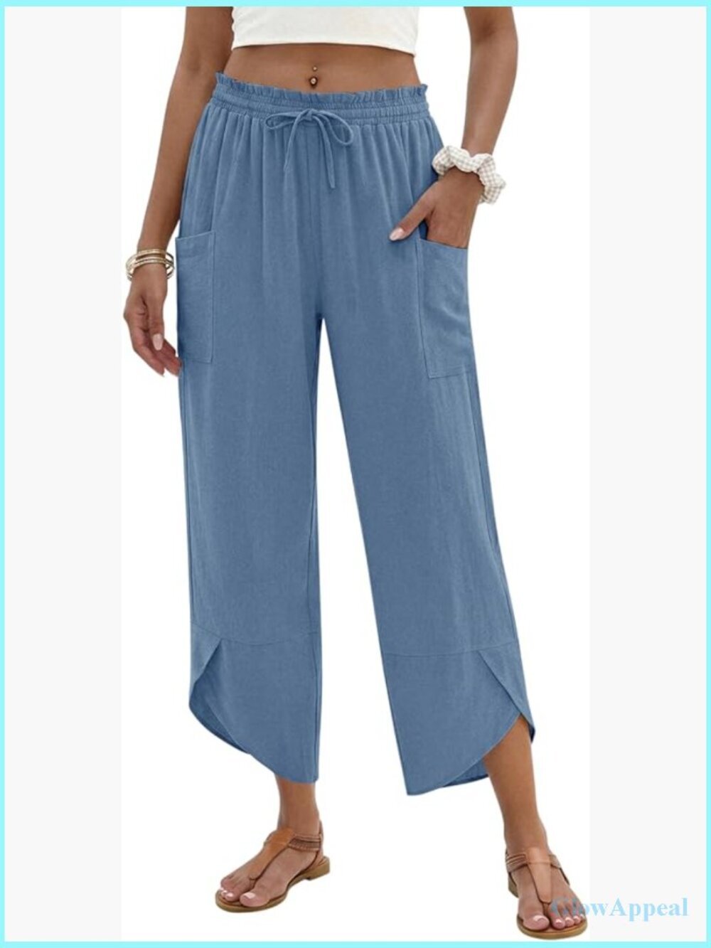 Linen Palazzo Pants Wide Leg Elastic Waist Boho Harem Capri Lounge with Pockets